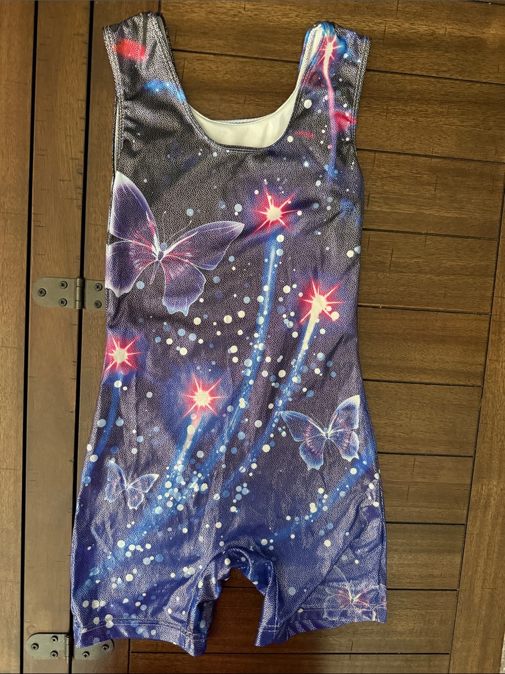 Butterfly Galaxy Print Gymnastics Leotard - Purple with Pink Stars